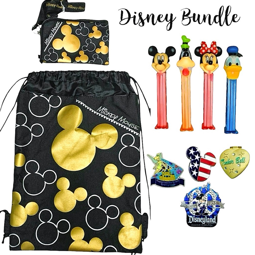 Disney Bundle Mickey Drawstring Bag w/ Wristlet, Pez Dispensers & Collector Pins